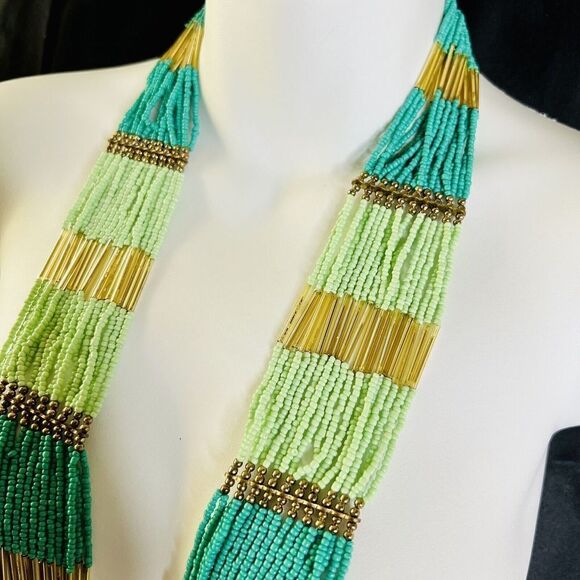 Stunning Waterfall Turqoise Green Gold Multi Strand Seed Bead Statement Necklace - Picture 3 of 15